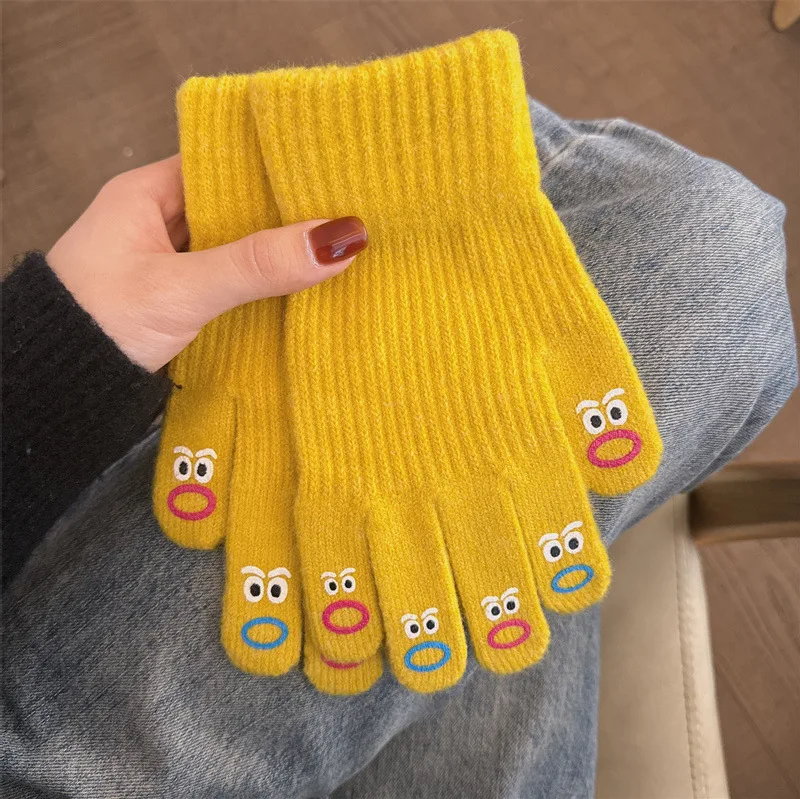 Cute Mouth Monster Wool Knitted Gloves Female Winter Korean Solid Color Touch Screen Warm Anti Cold Split Finger Gloves