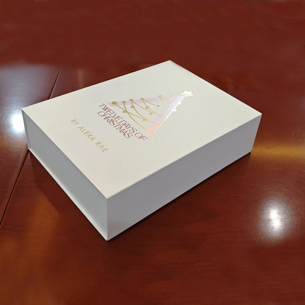 Luxury White Cardboard Custom 12 Days Christmas Advent Calendar Spot Gold Foil Magnetic Gift Box