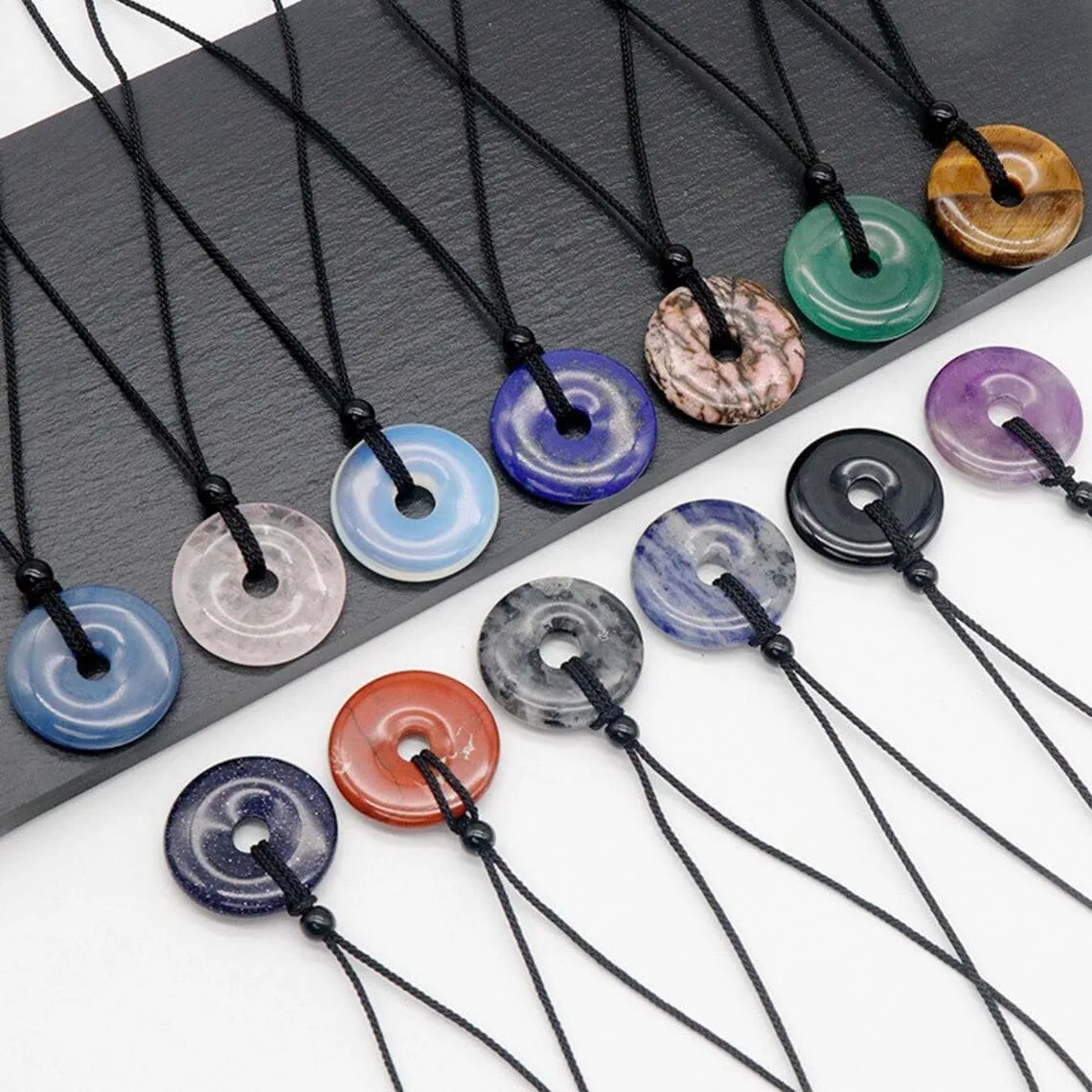 20 mm Crystal Donut Necklace Gemstone peace buckle ring  Reiki Healing Jade Donut Protection Safety Pendant Necklaces
