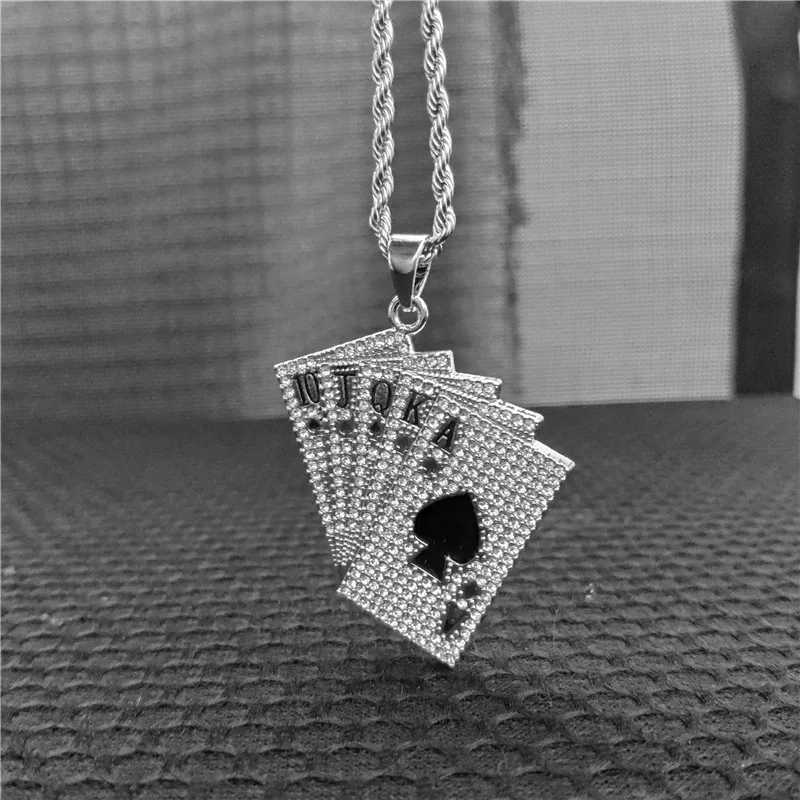 Sell luxury fadeless ice out full diamond cubic zircon silver gold Rhinestone poker pendant necklace jewelry