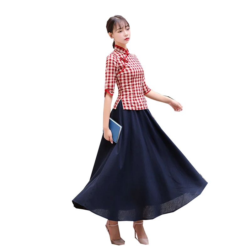 traditional chinese style cheongsam set vintage plaid tops+blue skirt