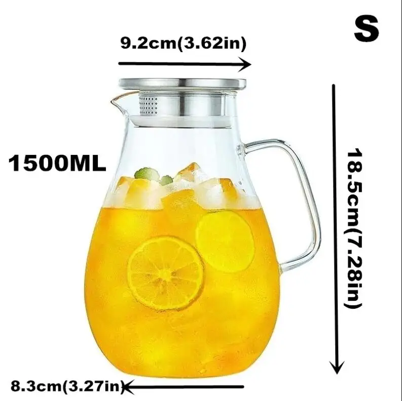 Reihey Transparent Glass Water Bottle Juice Jug High Capacity Heatable Tea Pot Kettle Heat-Resistant Leak-Proof Carafe