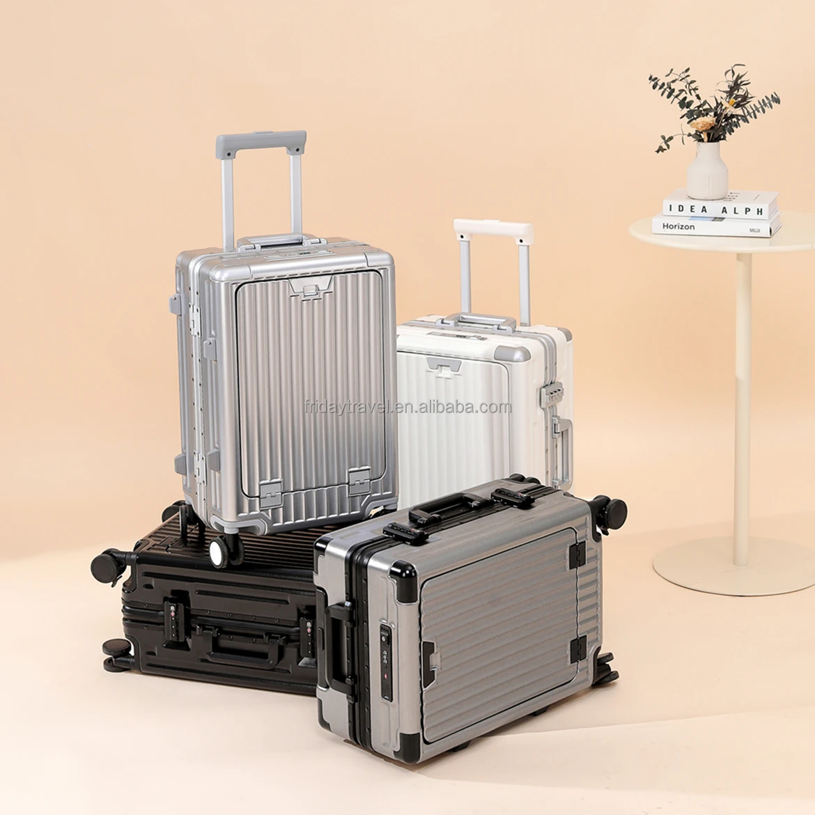 Unisex Multifunctional ABS+PC Luggage Front Open Aluminum Frame Spinner Caster Frosted Compartment Trolley Suitcase
