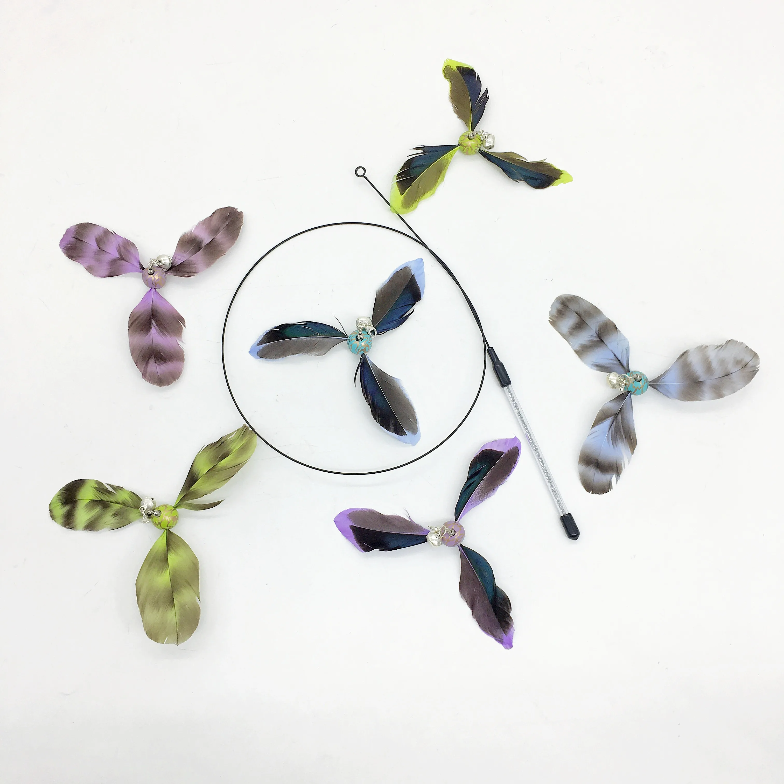 Factory wholesale new windmill long pole hunting wire natural feather rotating windmill teaser cat wand self hi with bells