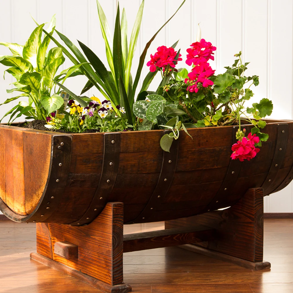 Sonoma Half Barrel Planter Wood Barrel Planter Garden Box Planter Pressure Treated Wooden Flower Barrels