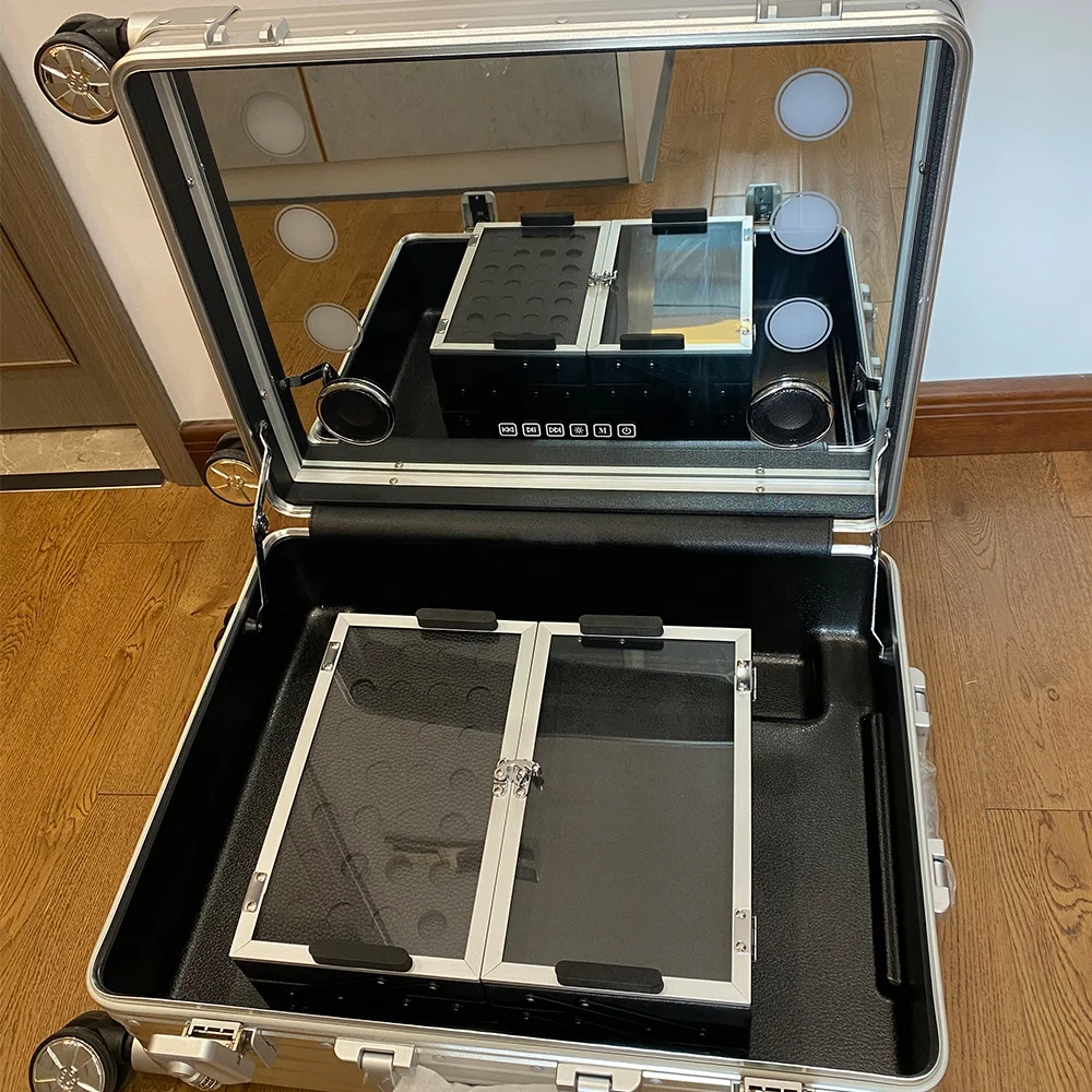 Cosmetic Case Box LED Mirror Lighted Makeup Travel Suitcase Artist Portable Dressing Table with Legs Rolling Luggage