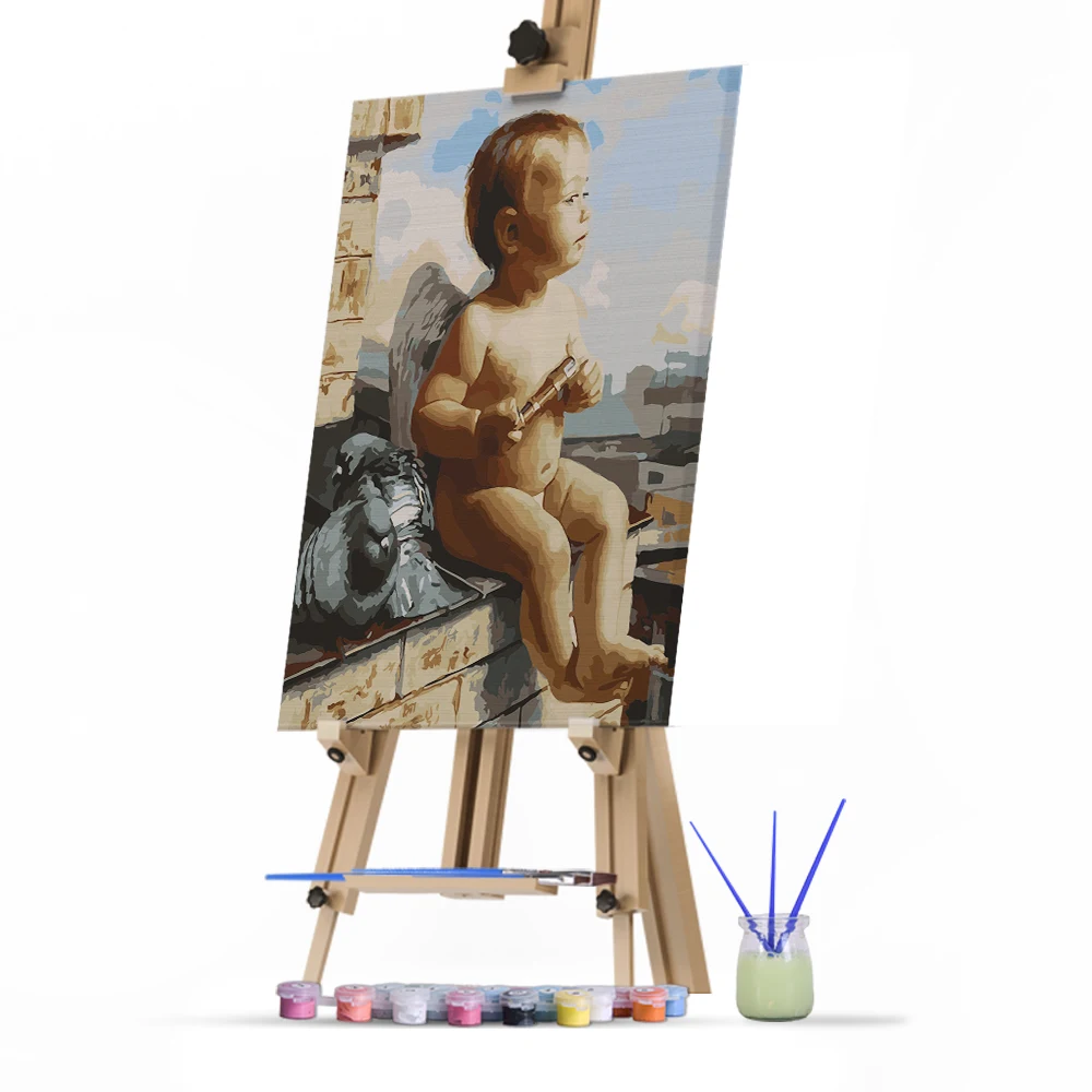 40x50cm Diy HandPainted Lovely Angel Simple Character Figure Stretched Canvas Painting by Number with Frame