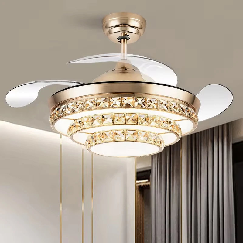 ceiling fan 42 inch hidden blades remote control crystal large Chandeliers Pendant Lights LED ceiling fan with light