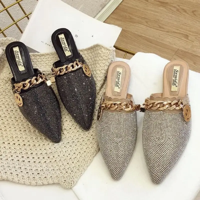 Full Rhinestone Scarpe Mule Outdoor Slippers Closed Toe Female Women Loafer Spring  Flat Shoes with Diamonds