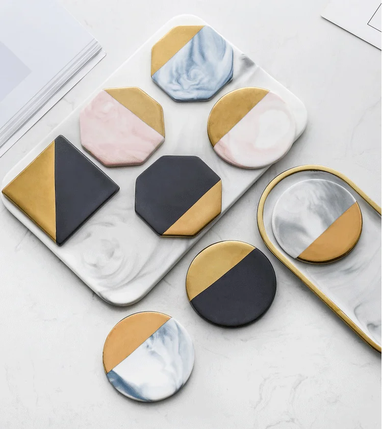 Заплатанный коврик для чашки, наборы керамических подставок, модные золотистые мраморные Коктейльные коврики и подставки для пива, кофе, украшения дома на все сезоны