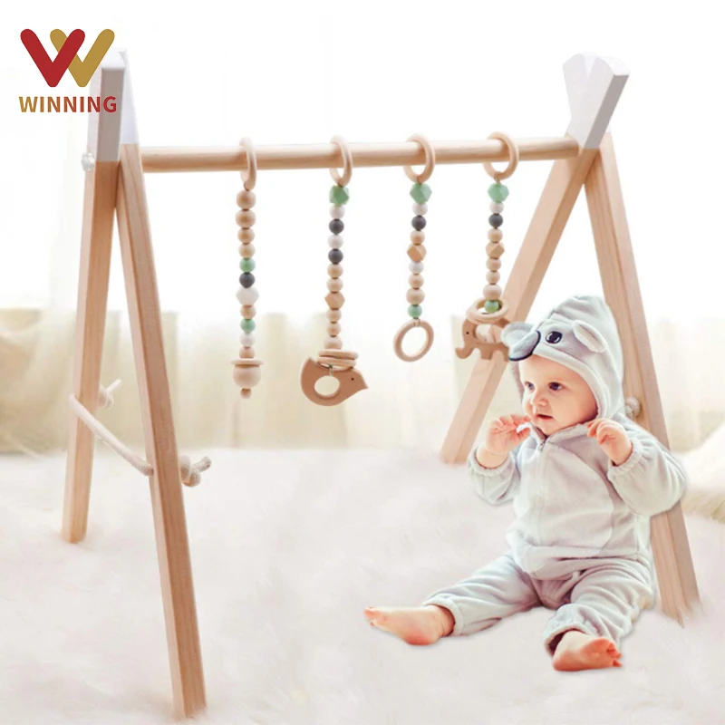 Montessori Wooden Foldable Baby Play Gym With Interactive Toys And Soft Plush Mat For Baby Activity Gym Frame With Hanging Toys