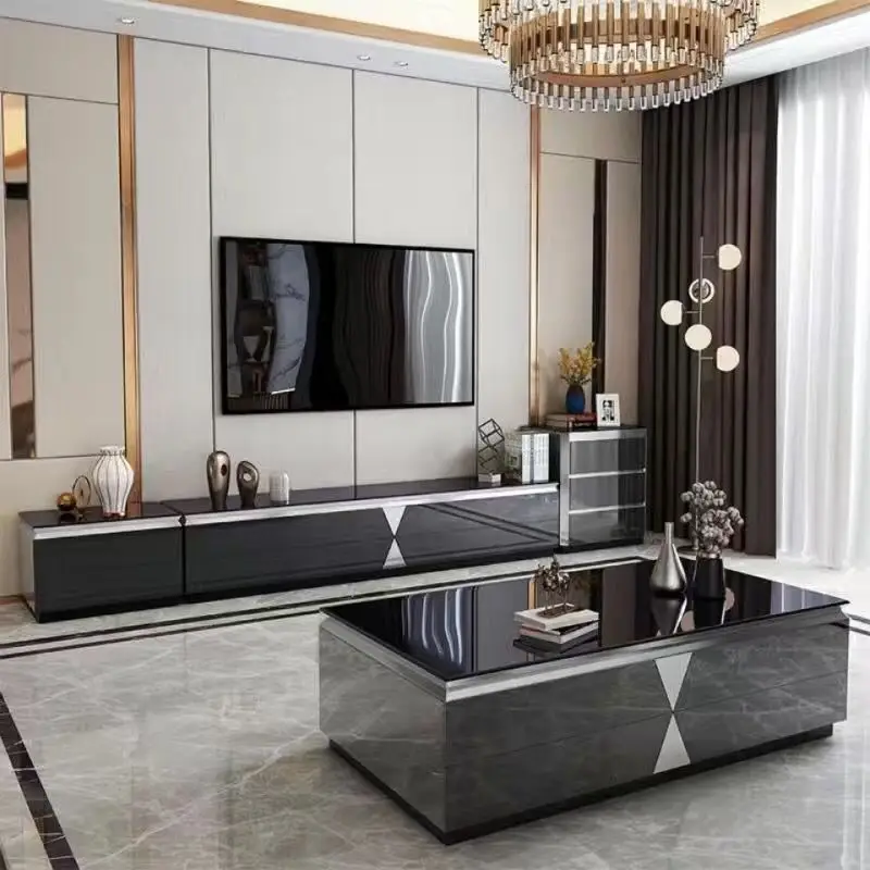 Light luxury modern coffee table TV cabinet combination size living room tempered glass rock panel coffee table simple furniture