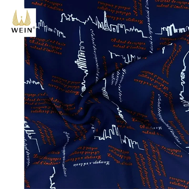 WI-B08 Fashionable navy blue polyester woven soft moss crepe character printed shirting fabric for garment