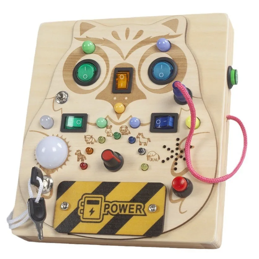 Activity Educational Montessori Sensory Switch Lock LED Light Natural Wooden kids toys Busy Board For Toddlers