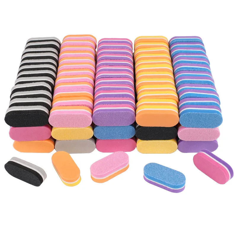 50/100pcs lot Double-sided Mini Nail File Blocks Oval Colorful Sponge Nail Polish Sanding Buffer Strips Polishing Manicure Tools