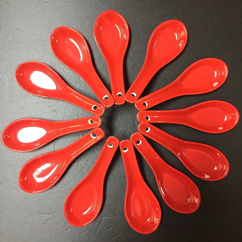 Festive Color Glaze Wedding Red Ceramic Soup Chinese Rice Noodle Spoon Gift Set