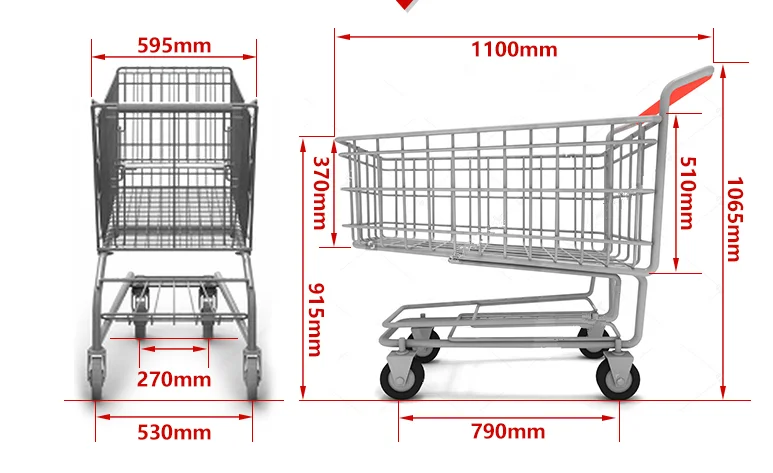 
Manufacturer hot sale European style rolling metal shopping trolley cart for supermarket 