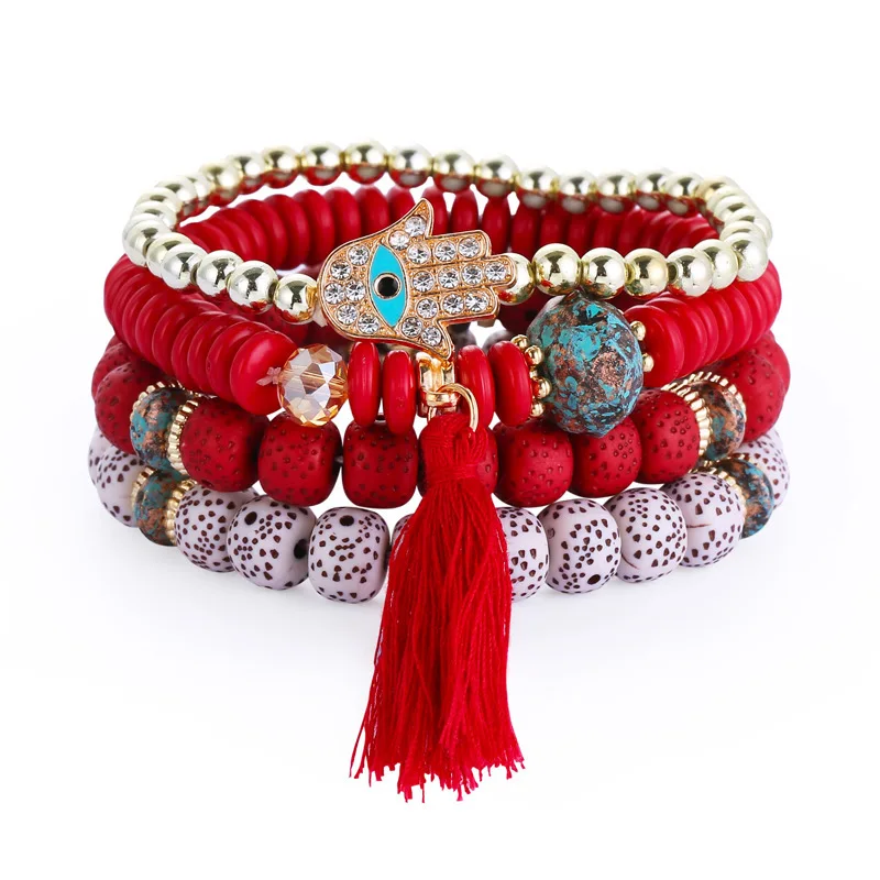 BohemianHandmade BraidedColorful бисер эластичный браслет Этнические Многослойные рисовые бусины из бисера растягивающийся Шарм Бохо