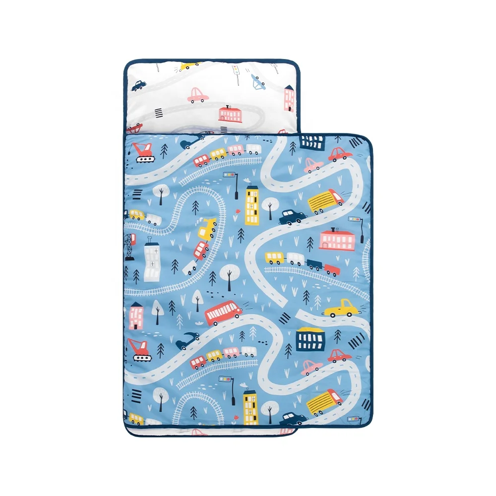 
Cartoon Car Toddler Daycare Nap Mat with Washable Pillow and Elastic Corner Straps 