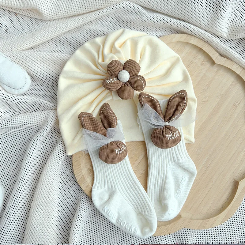 Rabbit lace fetal cap set newborn baby hat newborn winter baby sock cap set