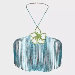 Sexy Rhinestone Flower Bra Chain Blue Tassel Body Chain Fashion Halter Chest Bralette Ladies Bling Crystal Lingerie Nightclub
