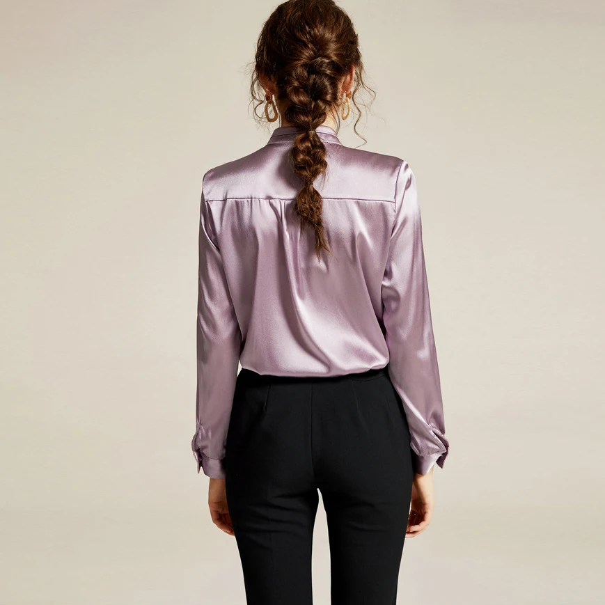 New Spring 2020 Pure Silk Stand Collar Ruffle Patchwork Long Sleeve Shirt Casual Office Blouse For Ladies