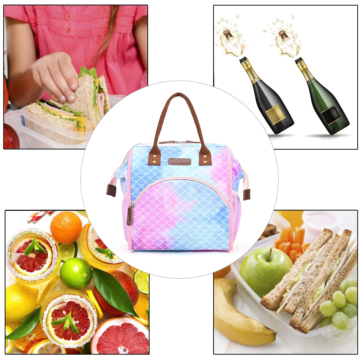 Lokass Free Sample Customized Lunch Bag 2022 Newest Design Fish Scale Pattern Blue Pink Mixed Insulated Cooler Lunch Bag
