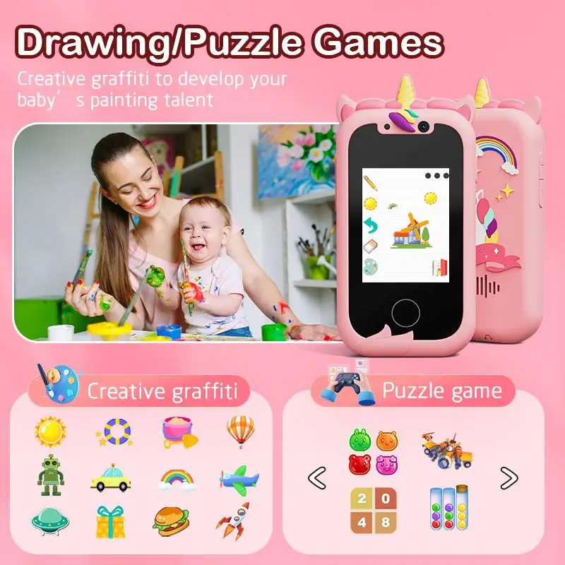 KP06 Unicorns Christmas Birthday Gifts Touchscreen Learning Toy Kids Smart Phone for Girls Toys 2-6 Years Old