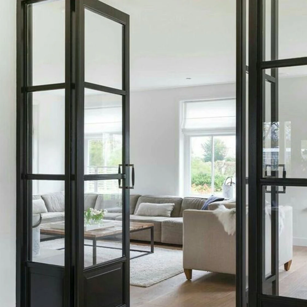 Outdoor Black Style Residential Aluminium Slim Double Swing Glass French Door