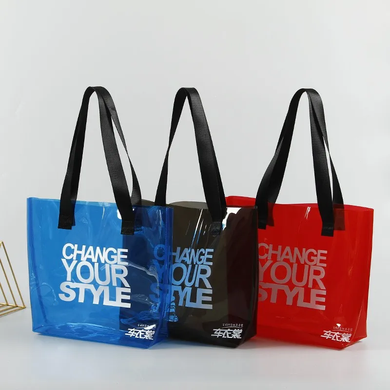 2022 Fashion Custom Women Travel Waterproof Beach Bag Clear shopping Bag Transparent PVC Plastic Bag With Black Strap