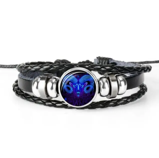 2021 Zodiac Sign Black Braided Star Glass Dome Jewelry Punk Luminous Braided Leather Jewelry Bracelet