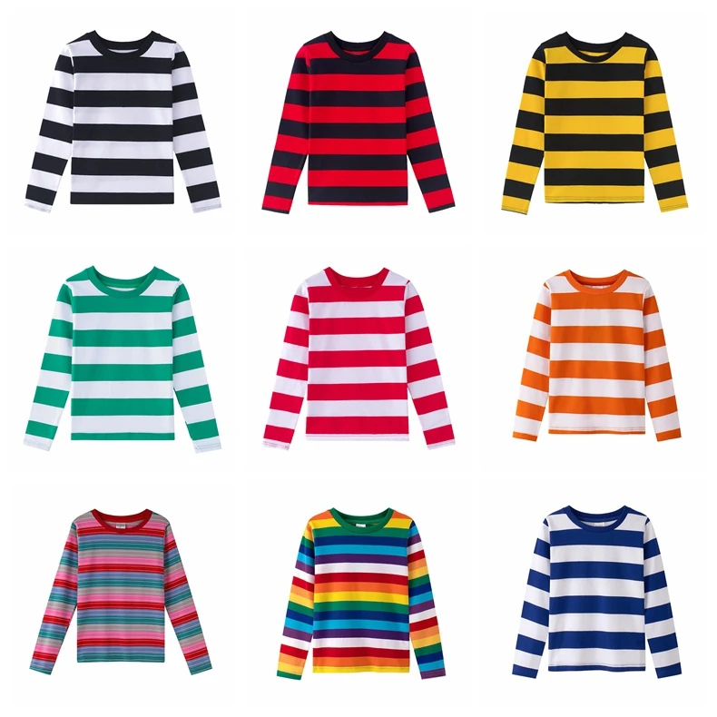 Custom Halloween Christmas Striped Tee Boys Long Sleeve T-Shirt 100% Cotton Colorful Kids Striped T-Shirts