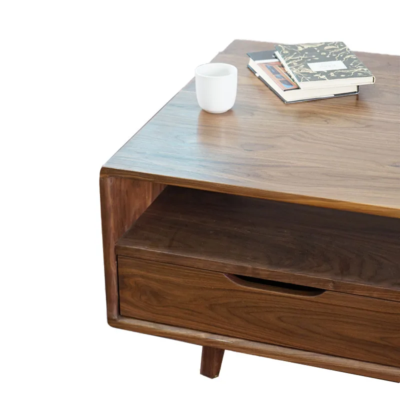 Hot sale Black walnut double-layer tea table four-drawing coffee table square solid wood tea table with drawers