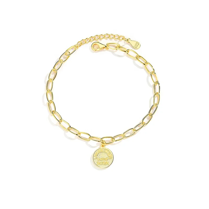 YINSAKI 925 Silver 18K Gold Plated Message Coin Charms Engraved Bracelet Customized Personality Letter Bracelet