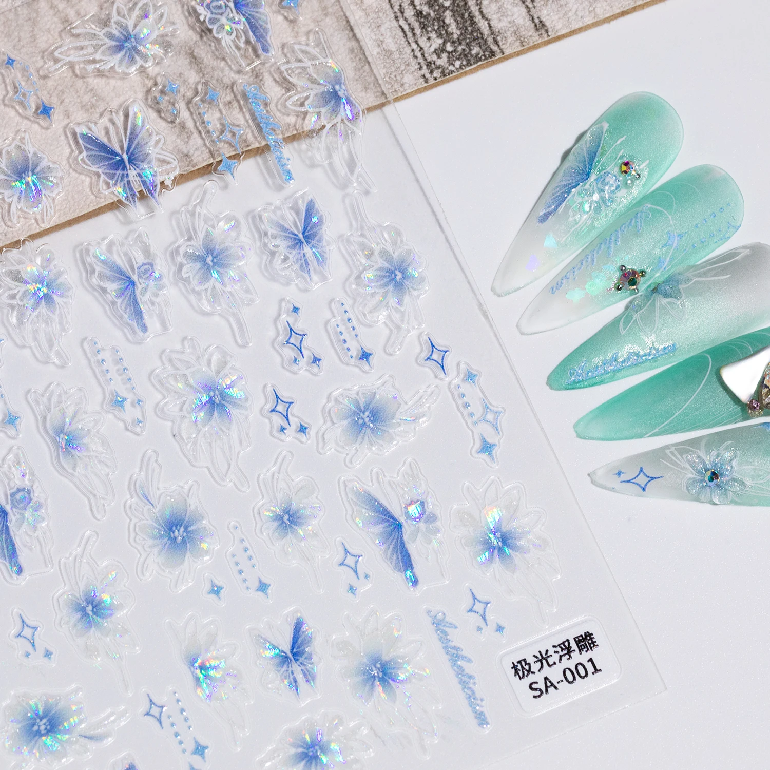 5D Engraved Butterfly Nail Manicure Sticker Holographic Crystal Fairy Rose Flowers Adhesive Decals Foils Wraps