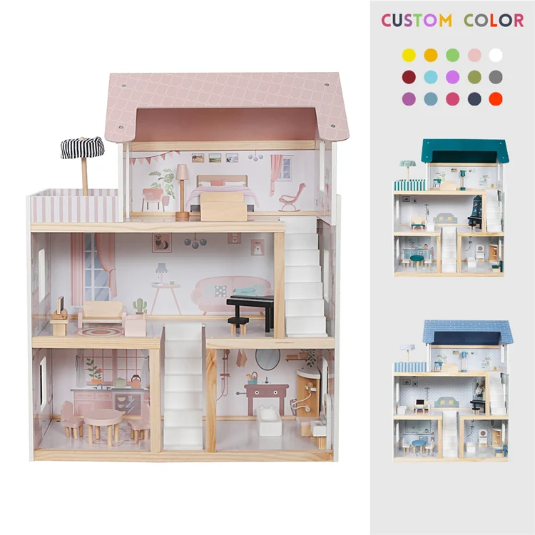 New Mini Pretend Play Furniture Toy Pink Wooden Dolls House for Kids W06A413I