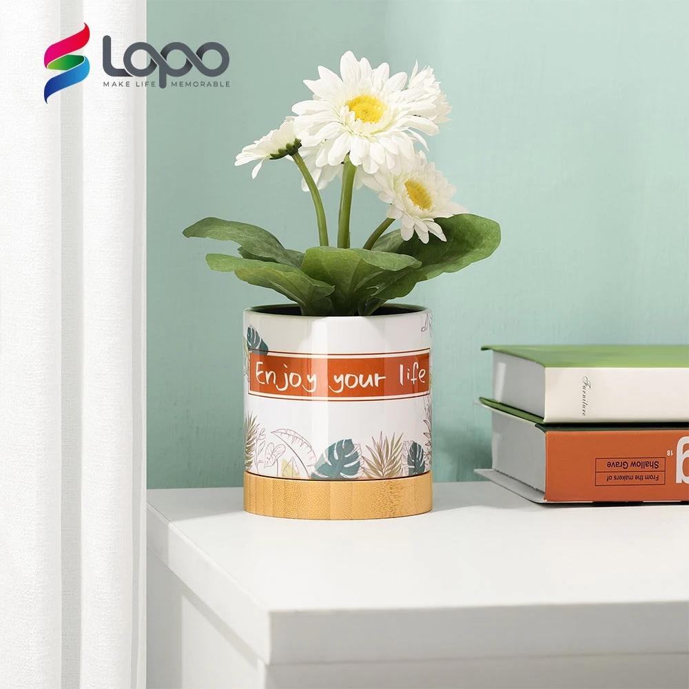 Wholesale Flowers Planting White Ceramic Pot Blank Sublimation Plant Pot With Bamboo Base