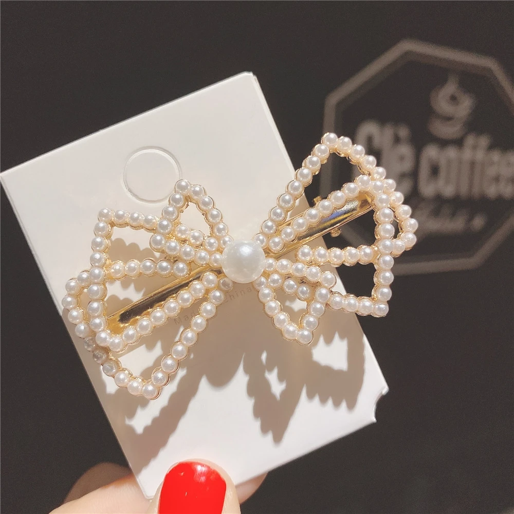 Pearl Bow Hairpin Korean Female Bangs Clip Handmade Jewelry Clip Hair Accessories Simple Casual Hairpin Pearl Head Accessories
