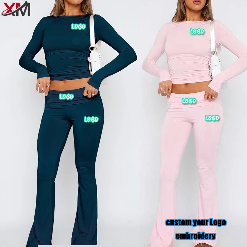 Wholesale Casual Women Yoga Legging Pants Long Sleeve Two Piece Custom Logo Sexy Leggings Flare Pants Loungewear Women Sets