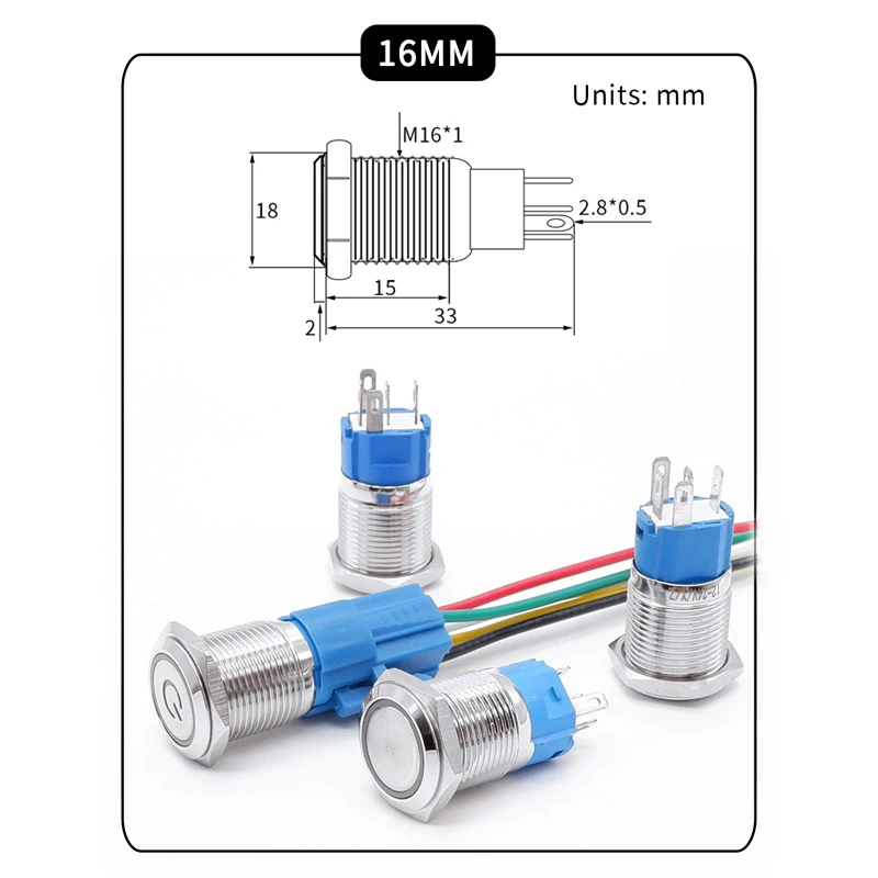 12/16/19 mm Waterproof IP65 12 Volt Illuminated Lighted ON OFF Led    Metal Dome Metal light ush Button Switch