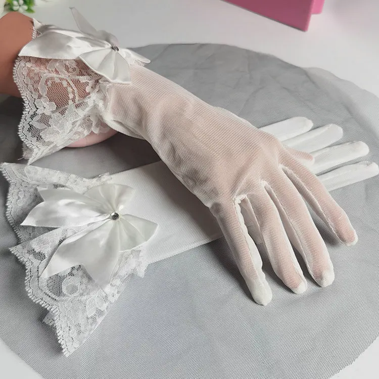 Qushine Elegant Prom Floral Lace Flower Bridal Mittens Stretchy Adult Size gloves Wedding Opera Party