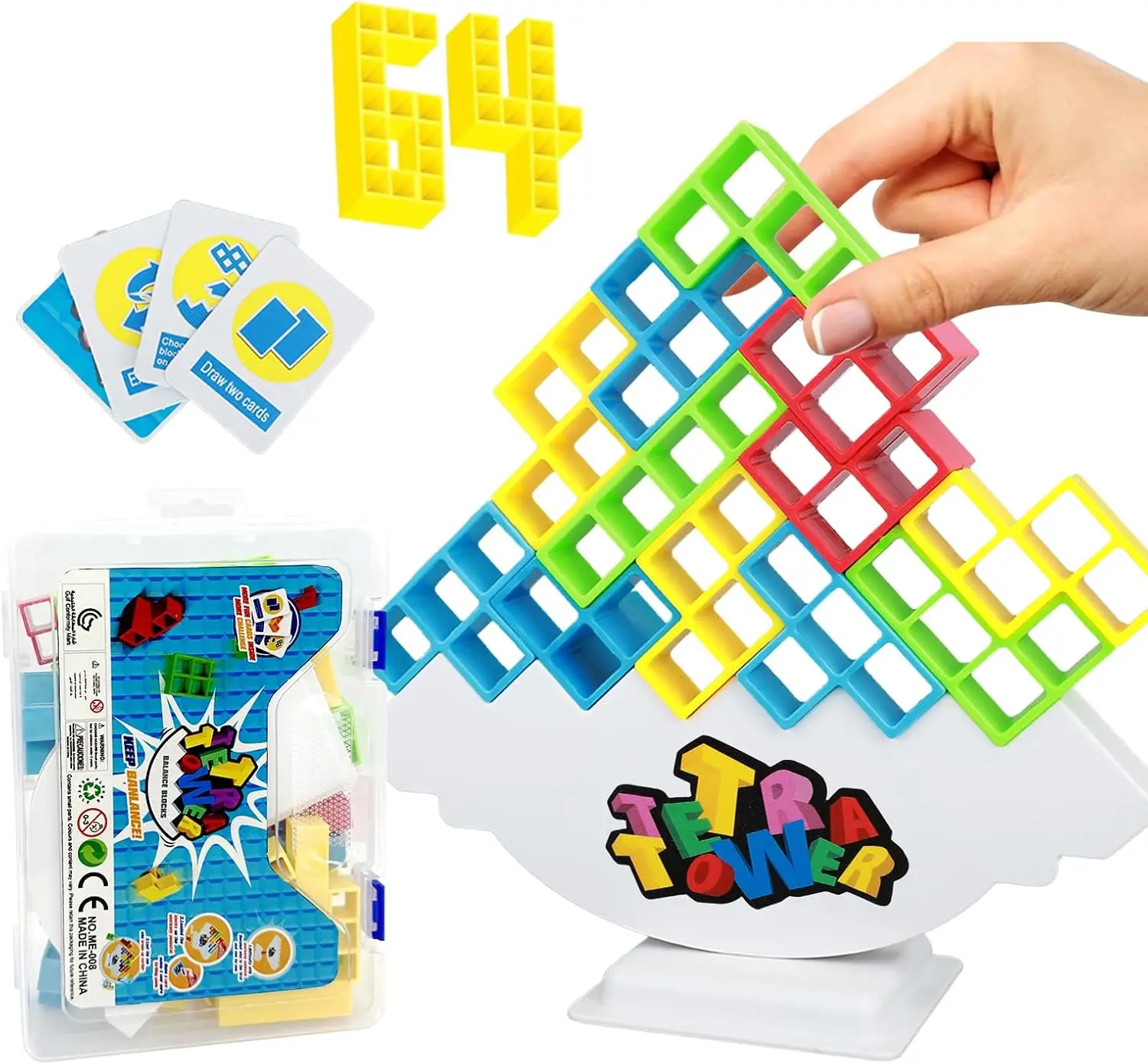 64Pcs Tetra Tower Game, Stack Attack Family Board for 2 Players Family Games, Building Blocks Stacking Balance Games