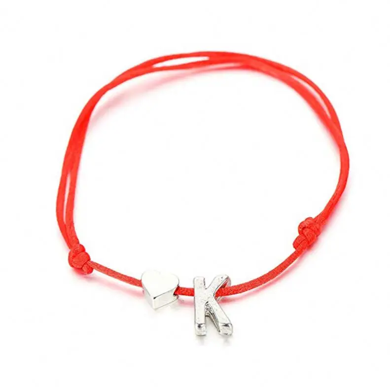 Fashion Silver Color Tiny Heart Braided Red Rope Initial String Letter K Bracelet for Women Men Jewelry
