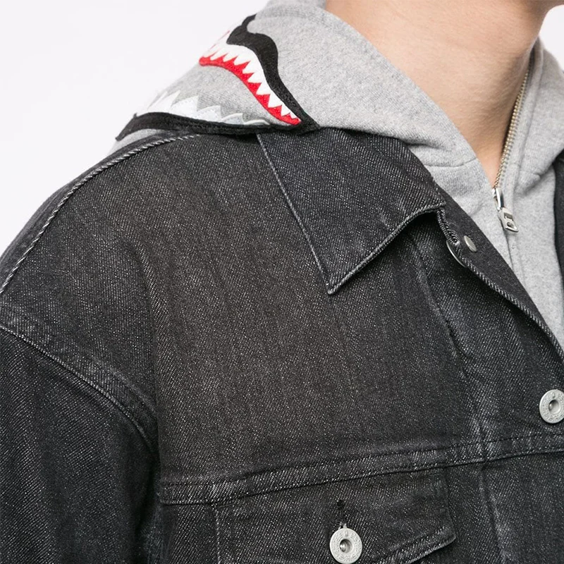 2022 Winter New Design Black Cotton Embroidered Shark Camouflage Pattern  Layered Denim Jacket For Men