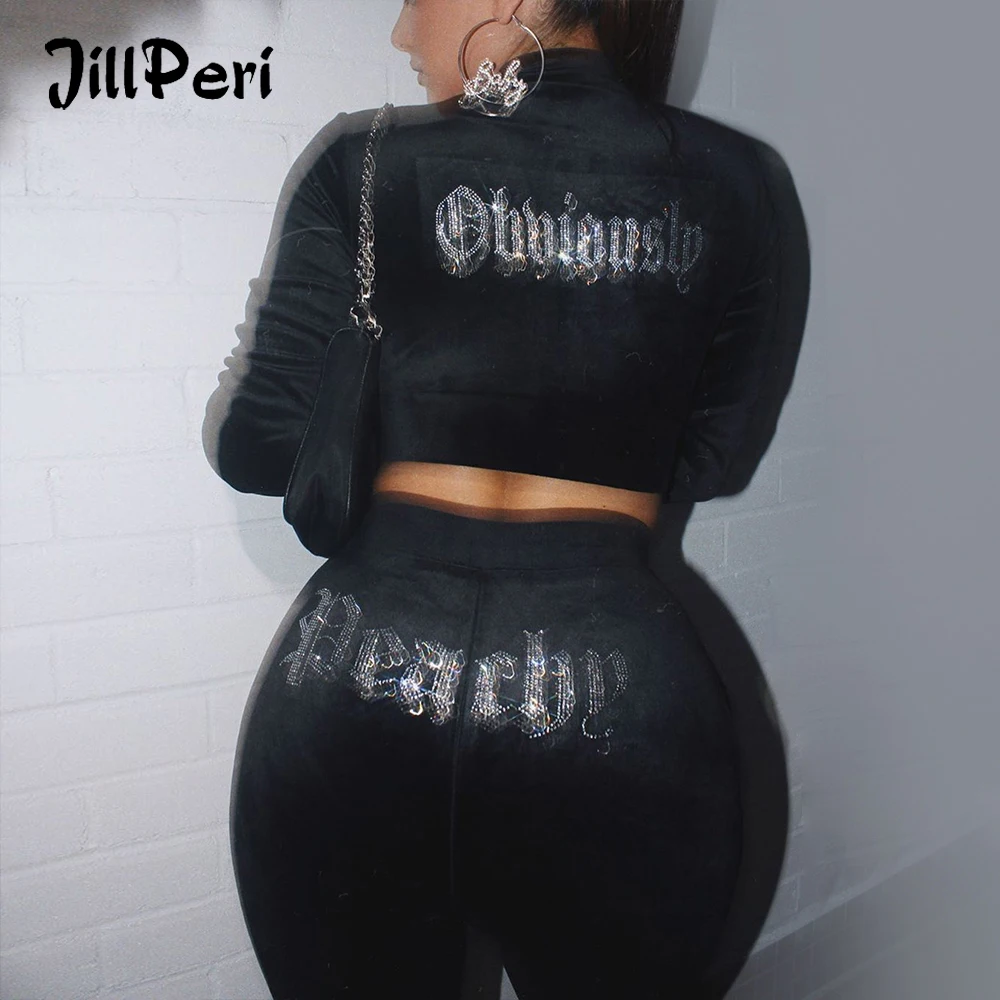 JillPeri Velvet Crop Jacket and Tracksuit Joggers Two Piece Set with Diamante Rhinestones Winter Sexy Fall Sets Women