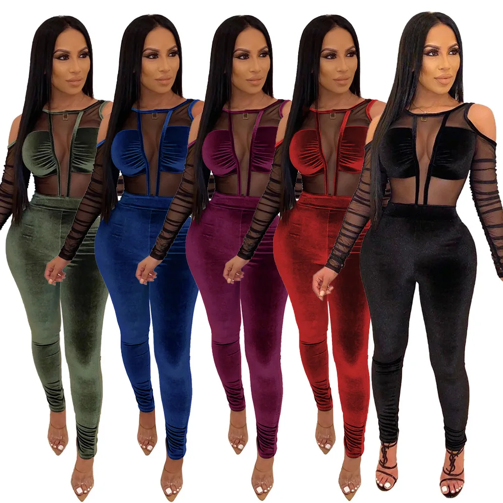 
Jumpsuits for Women Ladies Purple Red Cold Shoulder Long Sleeve Velvet Mesh Jumpsuits Bodycon Sheer Sexy Clothes RS00208 