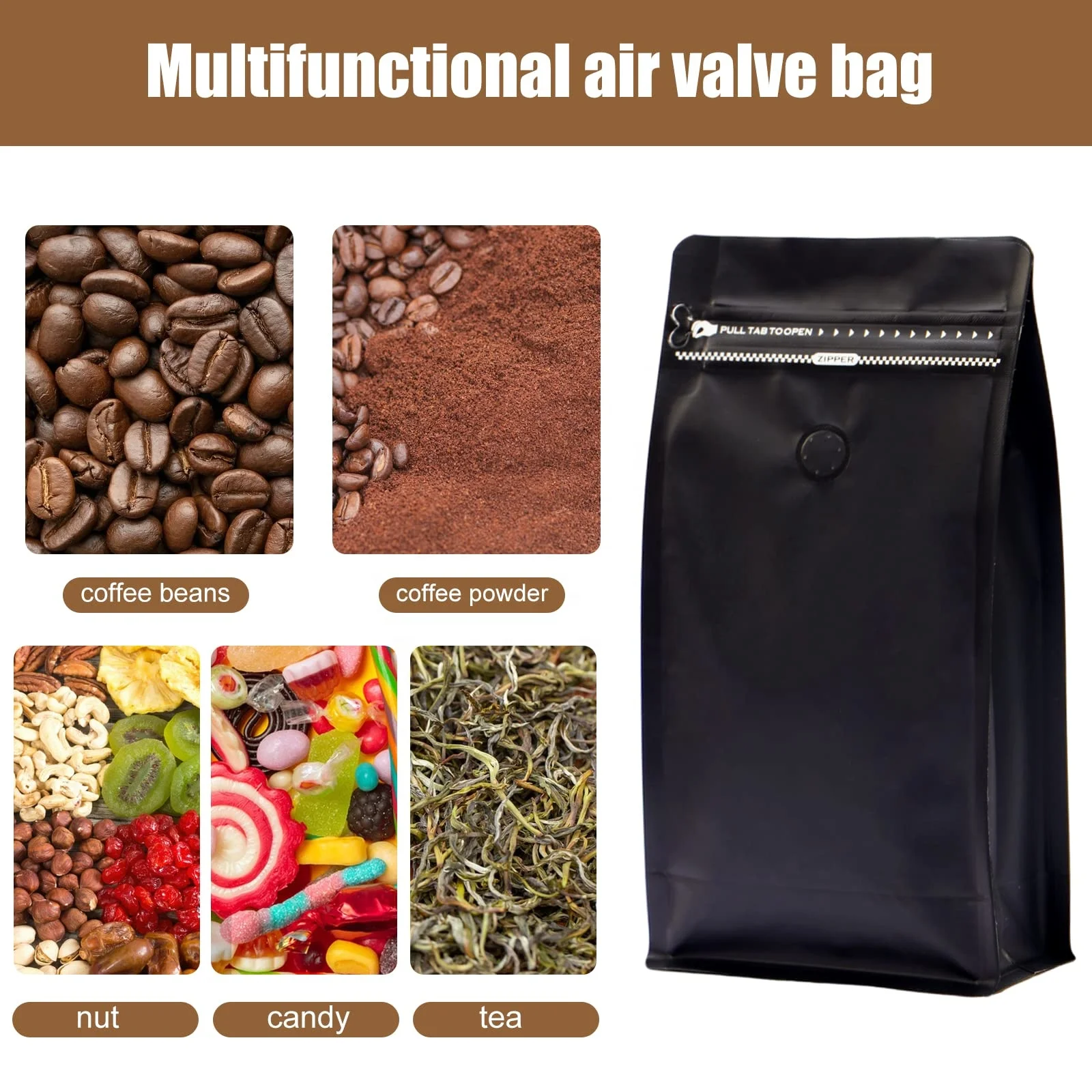 Wholesale reusable tinned coffee bags black aluminum foil flat bottomed vertical storage suitab large coffee bag with valve