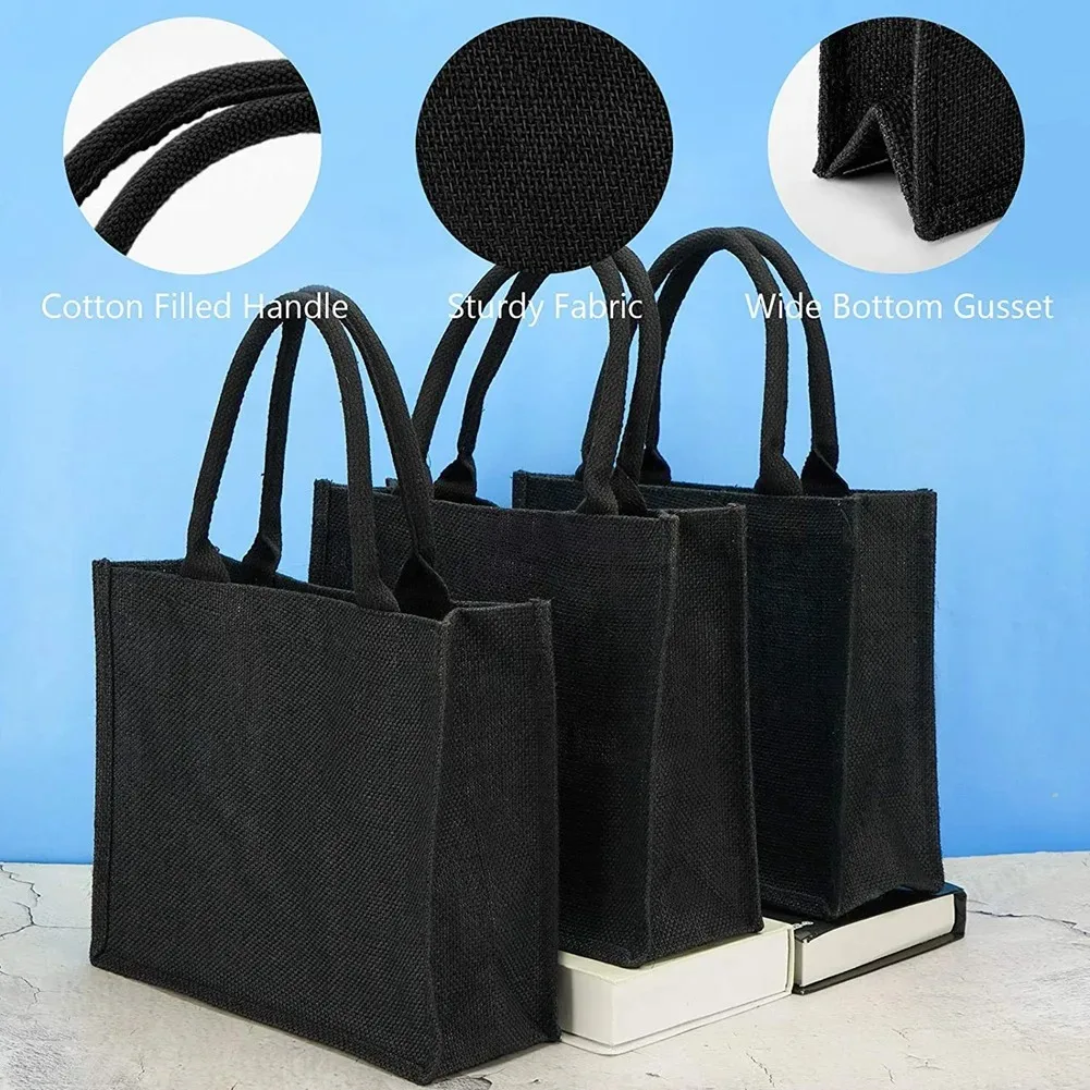 Black Jute Tote, Jute Tote Bags with Handles & Laminated Interior, Wedding Bridesmaid Gift Bags, Blank Bags