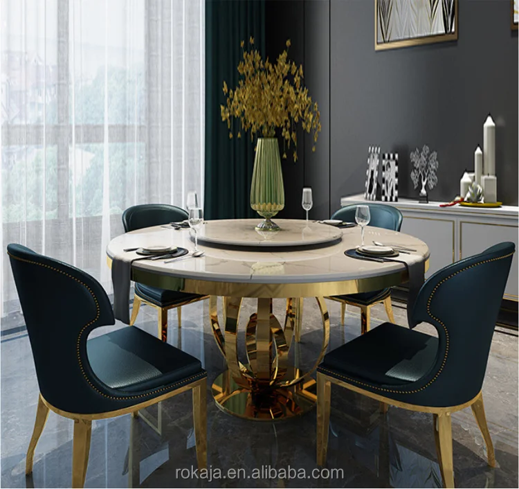 Modern Luxury Rotating Dinning Table Set Marble Gold Frame Stainless Steel Leg Malaysia Dining Tables