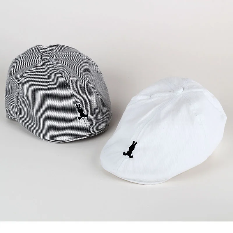 Cotton Baby Boy Beret Rabbit Embroidered Cartoon Infant Newsboy Bonnets Cap Casual Berets Summer Striped Hat For Baby Beanies